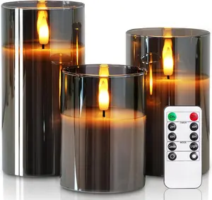 Grey Glass Flameless Candles, Battery Operated LED Pillar Candles with Remote Control and Timer, Radiance Candles, Real Wax, Set of 3,D3 xH4 5" 6"