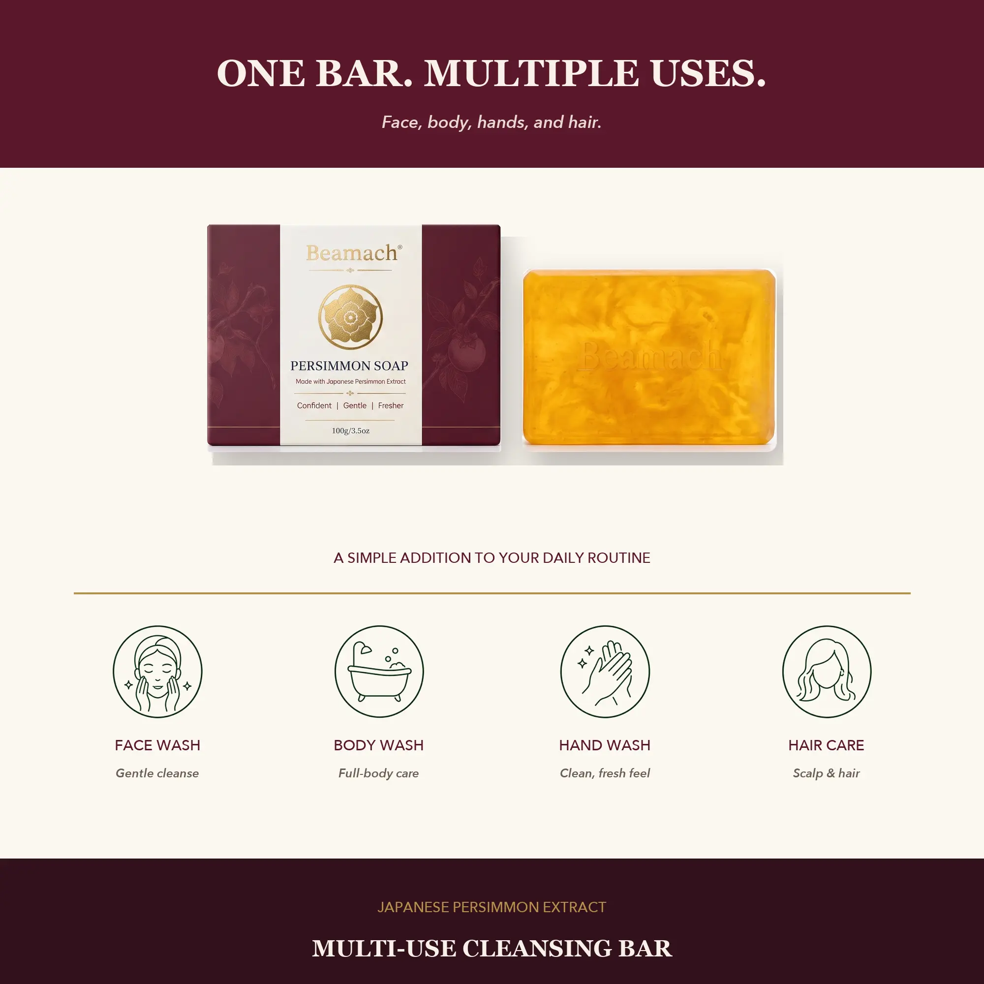 Beamach Persimmon Deodorant Soap Bar with Foaming Net - Japanese Persimmon, Green Tea, Shea Butter, Gentle Body Care for Nonenal, Mature Skin Body Wash