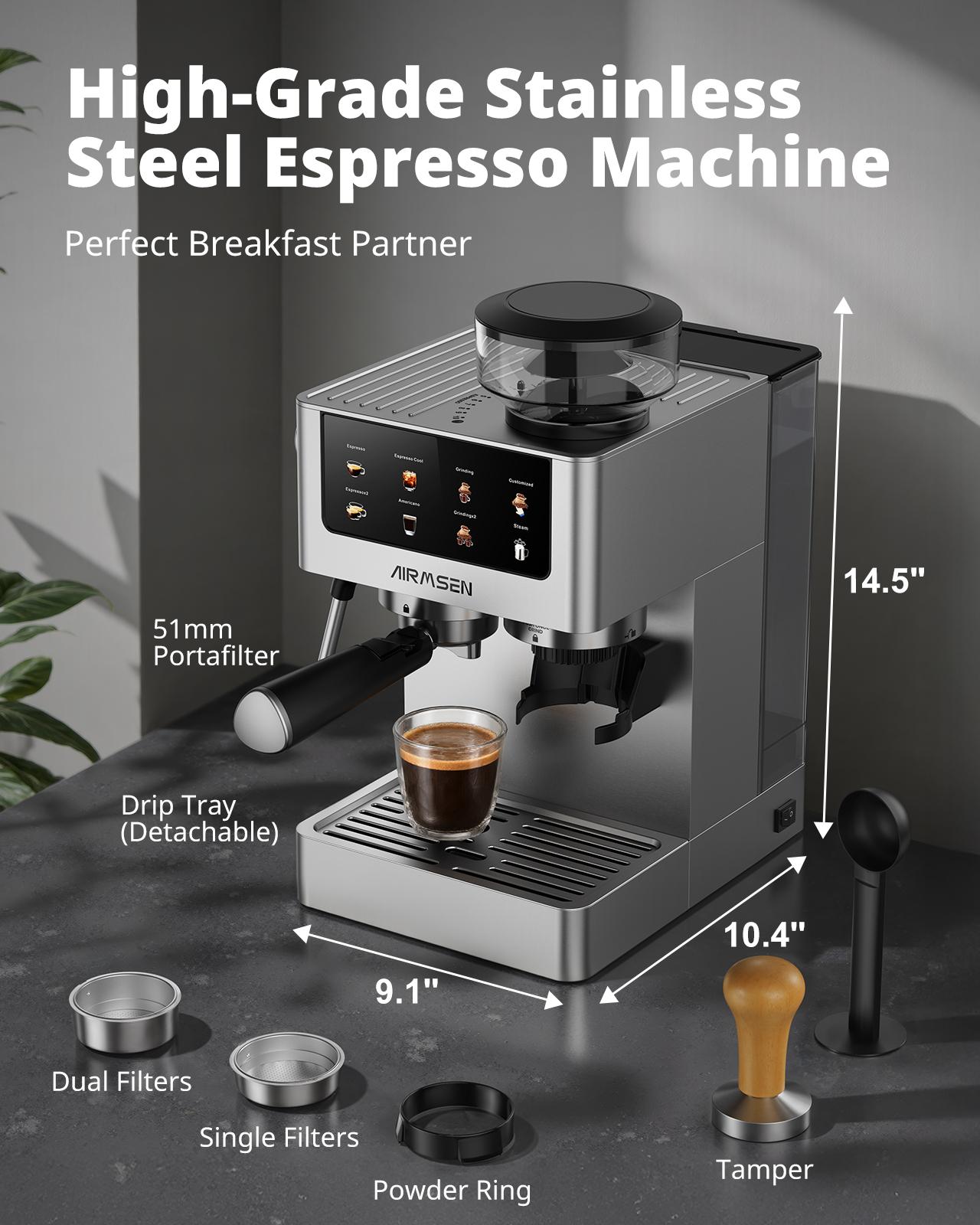 Home 20-Bar Espresso Machine with Grinder, 1350w, With Color Touchscreen, ,Milk Frother Steam Wand,Cold-Press Espresso,Customize Coffee Volumn Appliance espresso machine