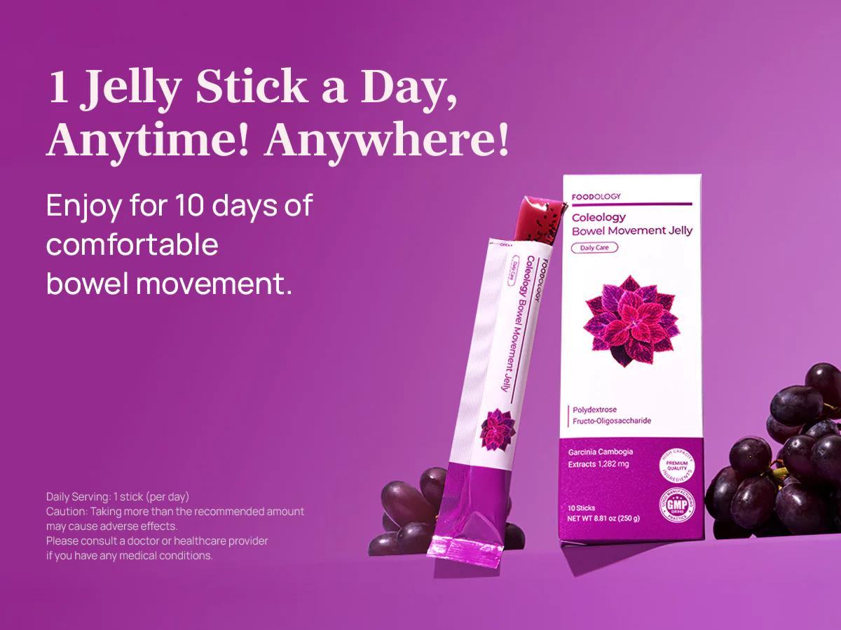 [FOODOLOGY] Coleology Bowel Movement Jelly, Gut Comfort Relieves Bloating and Supports more Comfortable Grape-Flavored Jelly Sticks,Fiber Supplement , Garcinia Cambogia, Collagen, Chia Seeds-1 Pack of 10
