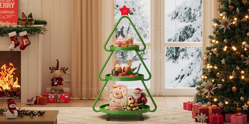 【Deal】Pinmoco Christmas Tree Snack Shelf Cart, Halloween & Christmas Decorations Cupcake Tray Holiday Festival Wedding Bar Party Supplies, 3-Tier Rolling Stand for Festive Decor & Food Display