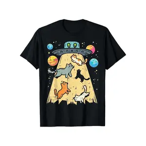 Alien Catch Cat UFO Space Galaxy Graphic T-Shirt - 100% Cotton Crew Neck Short Sleeve Tee for Men & Women, Casual Outdoor & Daily Wear, Fun Gift for Mom Dad Friends, Allseason Apparel, Playful Design, Machine Washable, Durable Print