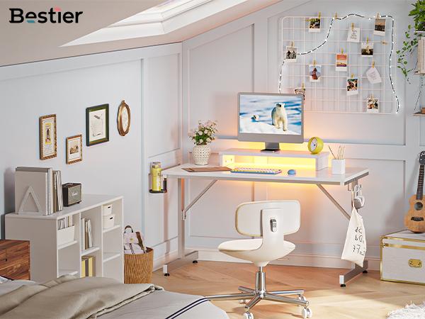 Bestier Gaming Desk with LED Lights & Monitor Stand, 42 inch Small Computer Desk Gamer Workstation with Cup Holder & Headset Hooks, Modern Simple Style Desk for Home Office