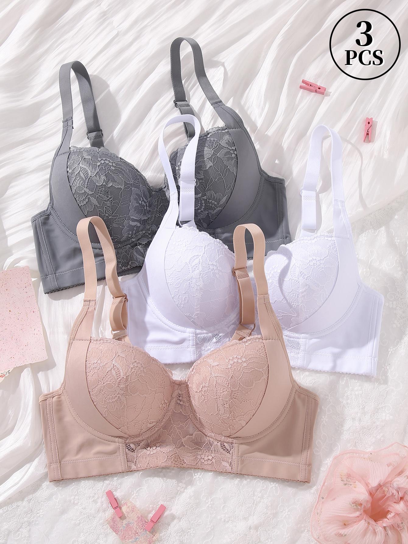 Mimilemon 3-Piece Elegant Lace Push-Up Bra Set with Breathable Non-Removable Pads Solid Color Contrast Lace Details Underwire Support for Women's Everyday Wear Fabric Womenswear Essential Style Basic White+Pink+Grey Push-Up Lace Bra comfort lift strap