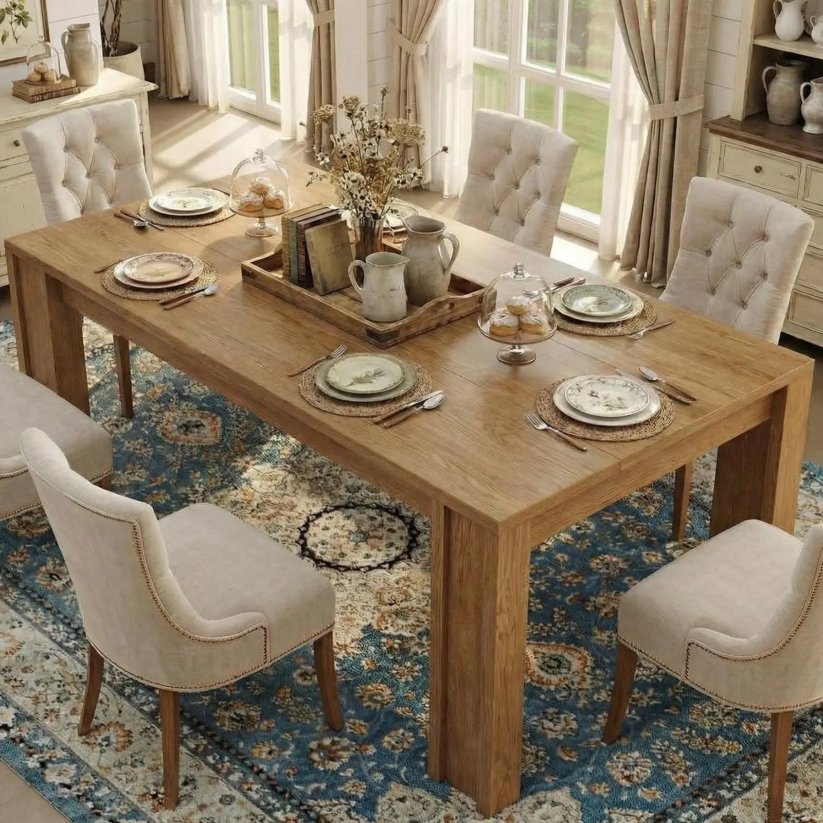 Gaomon Modern Farmhouse Rectangle Functional Table - 71 in Long, 35 in Wide, Thick Top, Wide H-Legs, Heavy Duty Furniture, Ample Space for 6-8 People, Indoor Apartment Dining Table, Natural