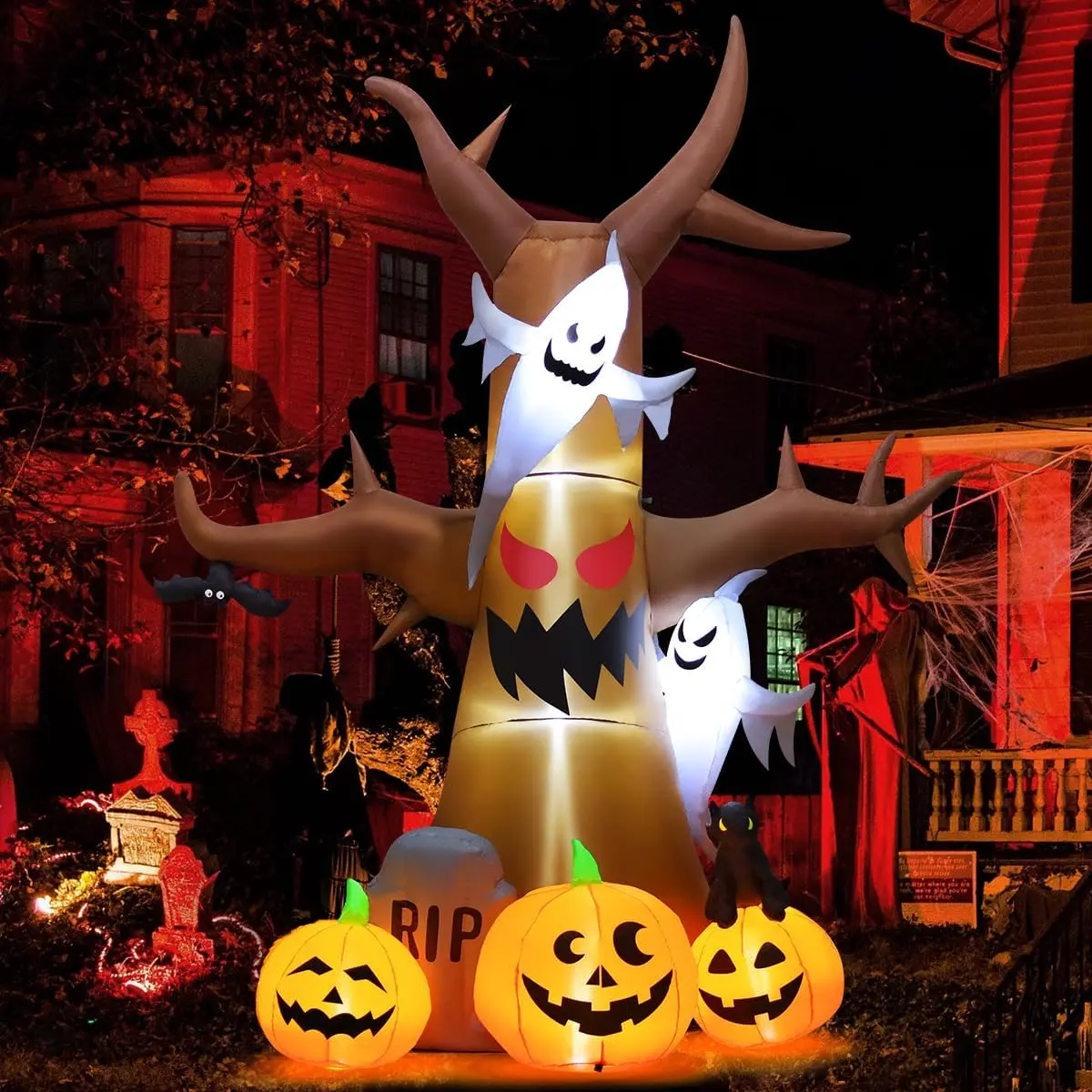 12ft Halloween Inflatable Scary Dead Tree - with Ghost Tombstone, Built-in LEDs - Scary Blow Up Ornament for Porch, Lawn