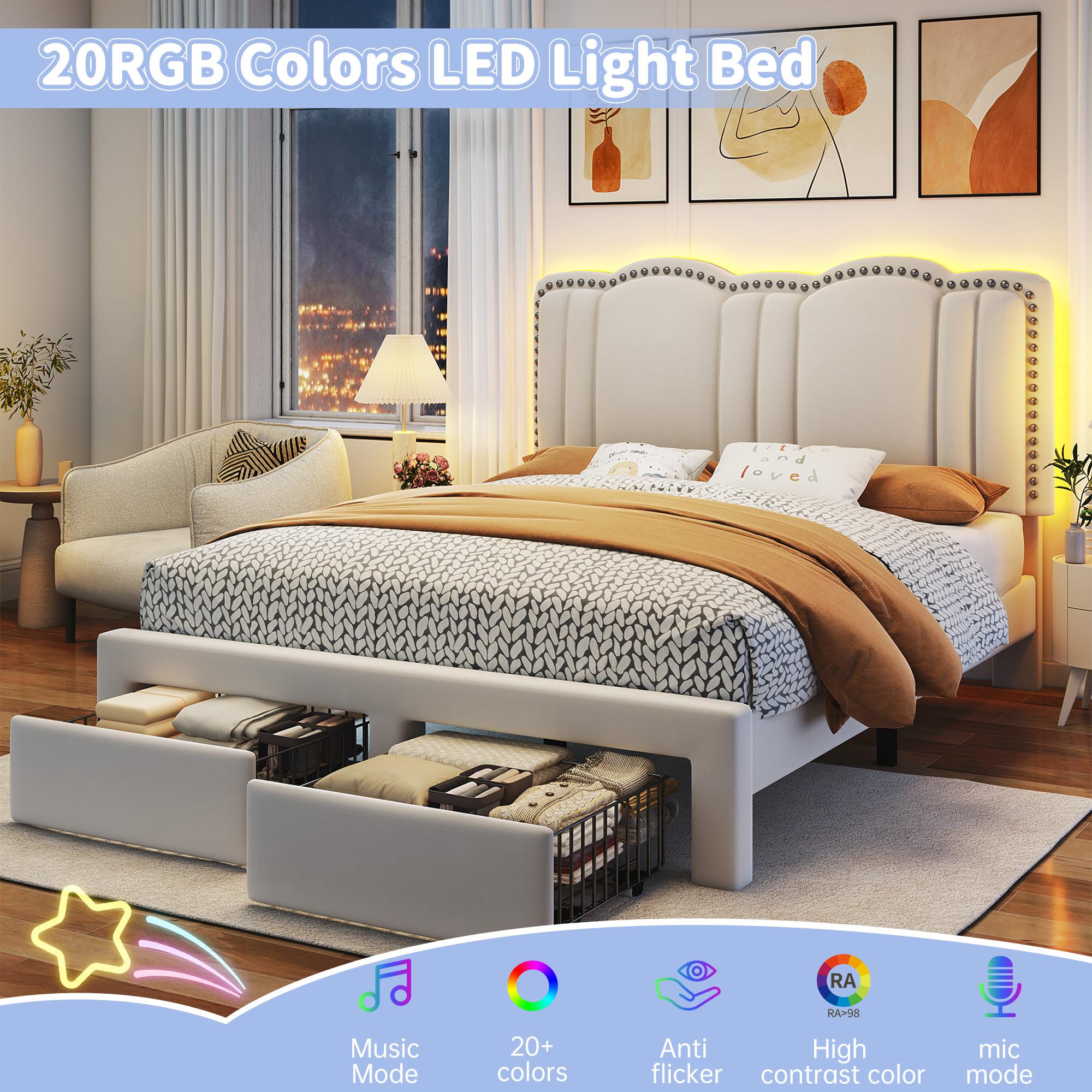 Raybee Furniture Full/Queen Size Upholstered Bed Frame with Velvet Cloud Headboard, Pink Princess Bed Frames with Storage Drawer and LED, Headboard Height Adjustable, Strong Support, No Box Spring Needed, Easy Assembly [Black Friday]