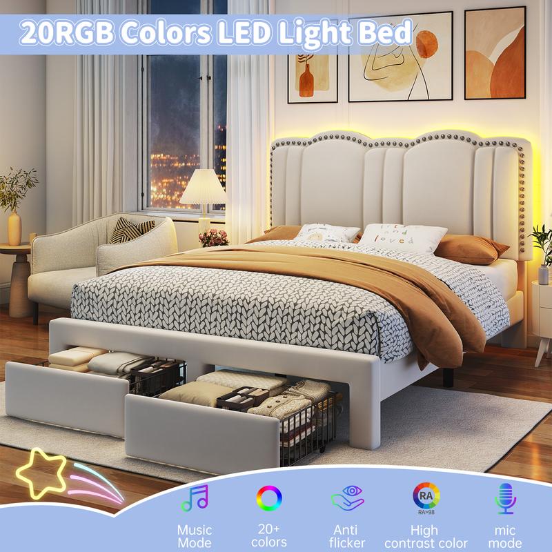 Raybee Furniture Full/Queen Size Upholstered Bed Frame with Velvet Cloud Headboard, Pink Princess Bed Frames with Storage Drawer and LED, Headboard Height Adjustable, Strong Support, No Box Spring Needed, Easy Assembly [Black Friday]