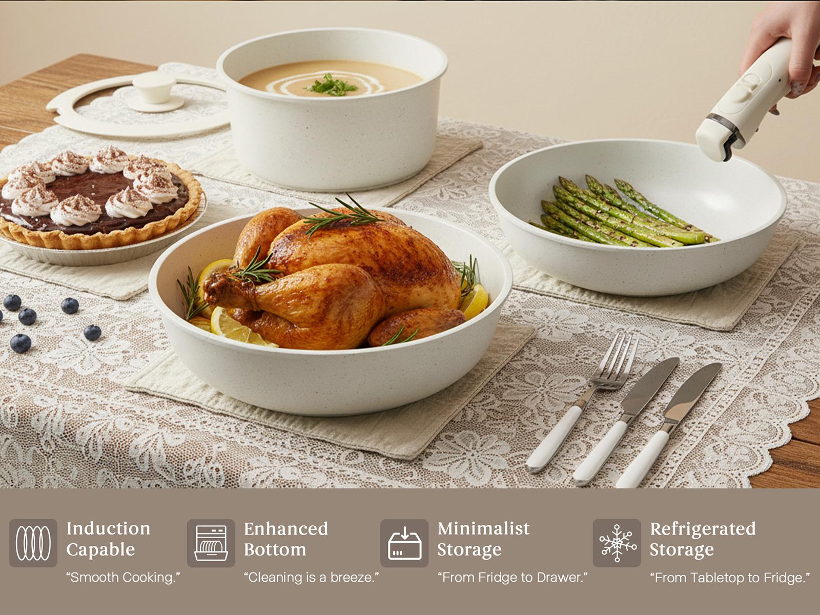 USELUCK 20 Pcs non stick pots and pans, Oven Safe, Stackable pots and pans with removable handles, Healthy RV Set with Detachable Handle Frying Induction Lids Stove Square Silicone Glass Cookware home use