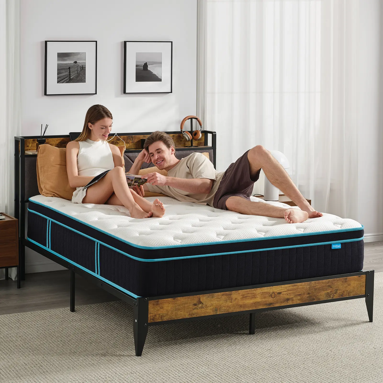 VIZIM Luxury Hybrid Mattress in a Box - 10-12 in, Breathable Medium Firm Memory Foam & Pocket Spring, CertiPUR-US Pressure Relief, Twin/Queen Size, Queen Size Mattress for Peace of Mind, Cooling Bedding, Stable Edges, Less Sagging, Woven Fabric