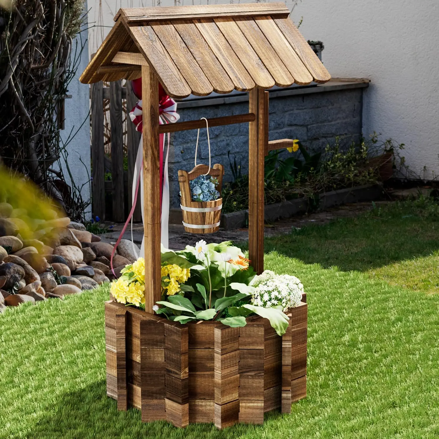 Aoxun Brown Wooden Wishing Well Planter - Hanging Bucket Plant Holder, Above-Ground Hanging Planters & Baskets, Outdoor Flower Pots for Balcony Garden, Patio Display Well Home Decor Charm