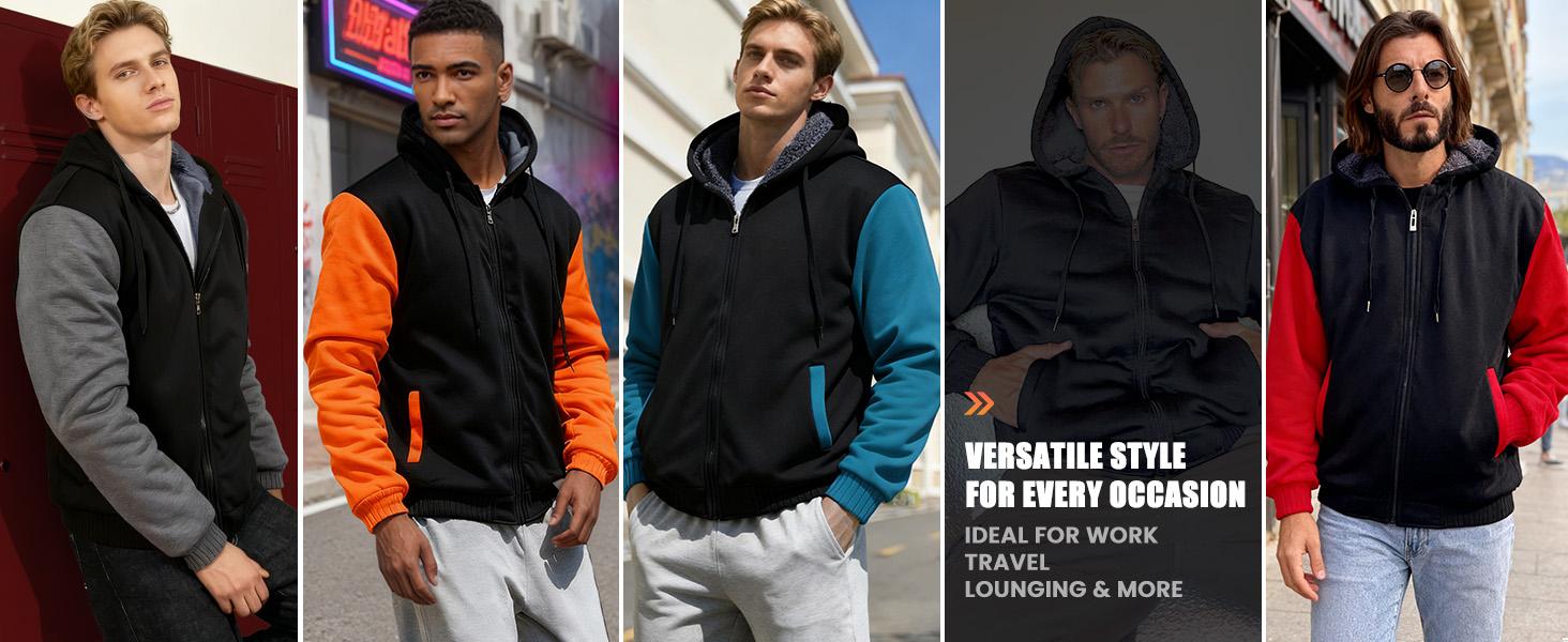 ZITY Men’s Sherpa-Lined Full-Zip Hoodie – Heavyweight Thermal Fleece Winter Jacket (Black/Gray)