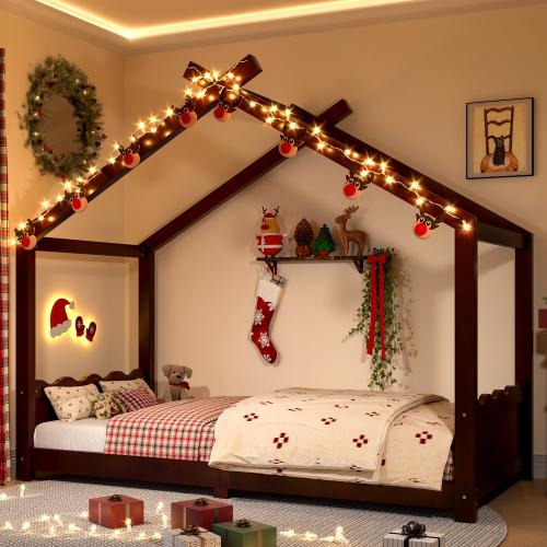 【Bellemave】Twin/Full /Queen House Floor Bed with Support Slats, Solid Wood House Bed Frame for Kids, No Box Spring Needed and Opening Constructure Bedroom Furniture Headboard