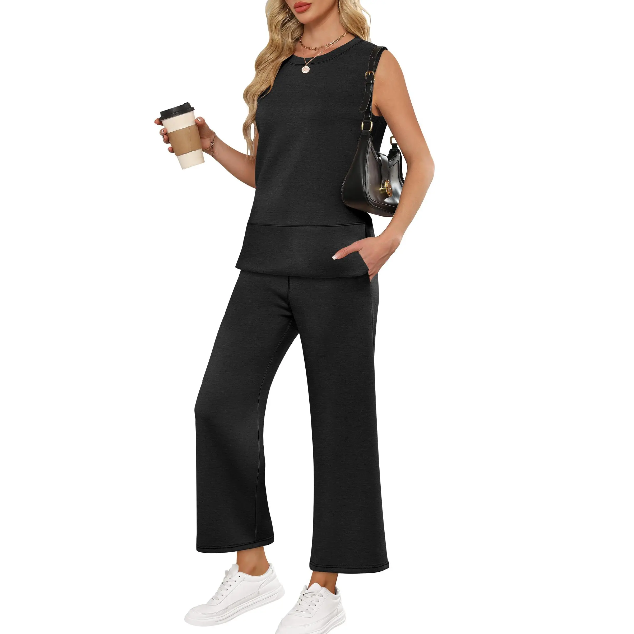 ANRABESS Women's 2 Piece Pants Sets Summer Travel Airplane Outfits Sleeveless Wide Leg Casual Lounge Crewneck Matching Sweat Set Women plus size Sweatsuits