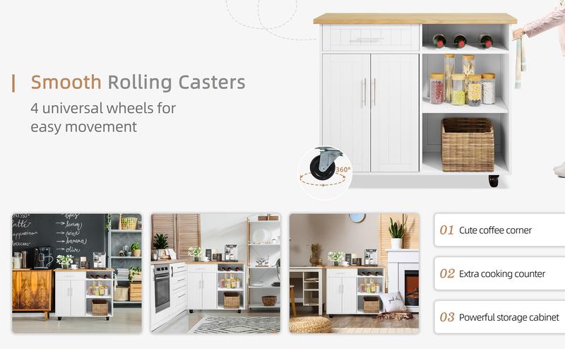 Walsunny 42'' Kitchen Island Cart Storage with Solid Wood Top - Plenty of Storage Space, Adjustable Shelf, Built-In Wheels - Cabinet, Organiser