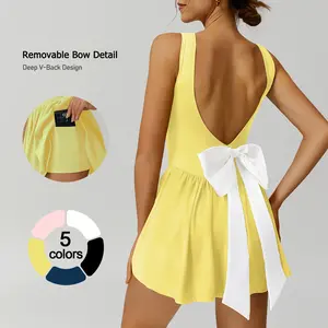 TimeOFF Women's Deep V-Back Jumpsuit , Detachable Bow, 2-in-1 , Smocked Waist, Princess Seam , Yoga 、Gym Womenswear Sleeveless Stretchable Activewear Stylish Activewear Workout Apparel jumpsuit