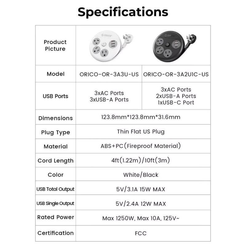 ORICO Travel Power Strip, Travel Essentials, Travel Extension Cord with 3 Outlets 3 USB Ports, 4FT Wrapped Around Extension Cord for Travel Cruise Ship Beach Vacation Essentials White-OR