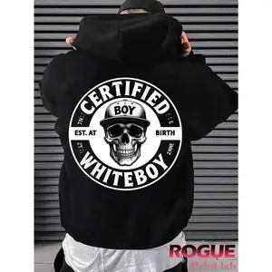 🏆 Certified Boy Est. at Birth Whiteboy Skull Print Black Men's Fashion Hoodie, Trendy Streetwear Style Casual Daily Wear Thin Large Size Sweatshirt with Graphic Design Comfortable Fit Top Quality Clothing