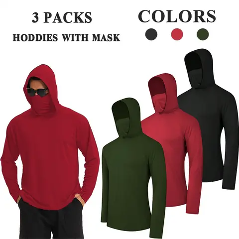 HOPLYNN 3-Pack Unisex Regular Cut Polypropylene Dry Fit Hoodies - Athletic Fashion Activewear Sweatshirts, Quick Dry Long Sleeve Fishing Tops with Face Masks for Running, All Seasons Sports Use (3setc Compliant)