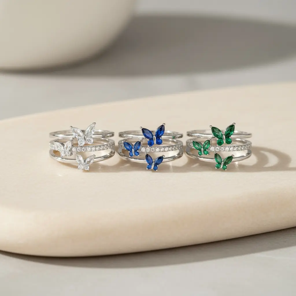 Silver Butterfly Crystal Ring | Adjustable Birthstone Jewelry | Dainty Ring for Women