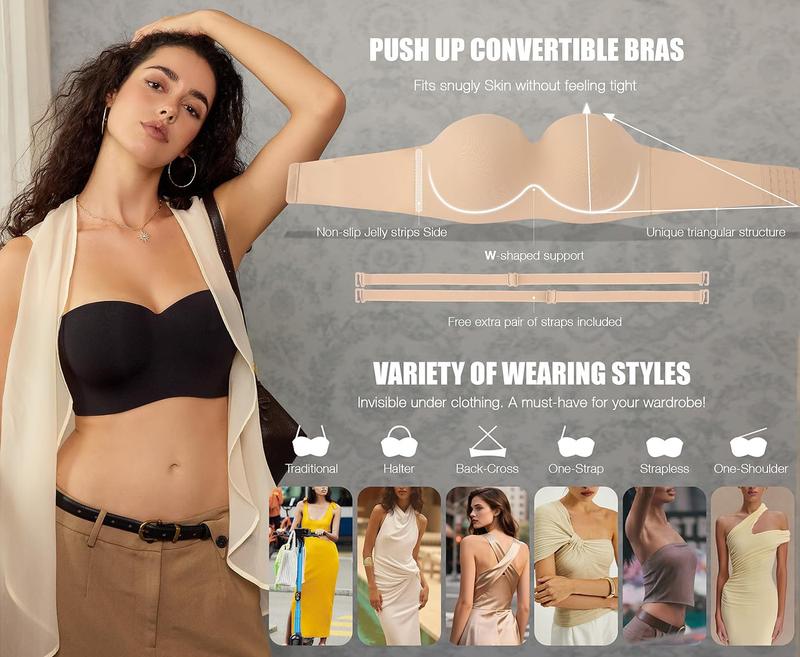 OEAK Womens Strapless Bras Wireless Non-Slip Tube Top Push Up Bralette Seamless Padded Bandeau Bra Everyday Convertible Bra