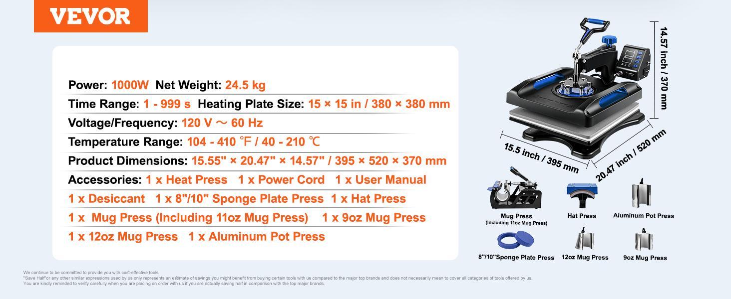 VEVOR Heat Press Machine 15 x 15 Inch 8 in 1 Heat Press 800W Sublimation Machine 360° Rotation Swing Away 8 in 1 Shirt Printing Machine Dual-Tube Heating for DIY T-Shirts Cap & Mugs VEVOR Heat Press Machine 15 x 15 Inch 8 in 1 Heat Press 800W Sublimation Machine 360° Rotation Swing Away 8 in 1 Shirt Printing Machine Dual-Tube Heating for DIY T-Shirts Cap & Mugs