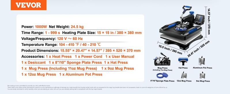 VEVOR Heat Press Machine 15 x 15 Inch 8 in 1 Heat Press 800W Sublimation Machine 360° Rotation Swing Away 8 in 1 Shirt Printing Machine Dual-Tube Heating for DIY T-Shirts Cap & Mugs