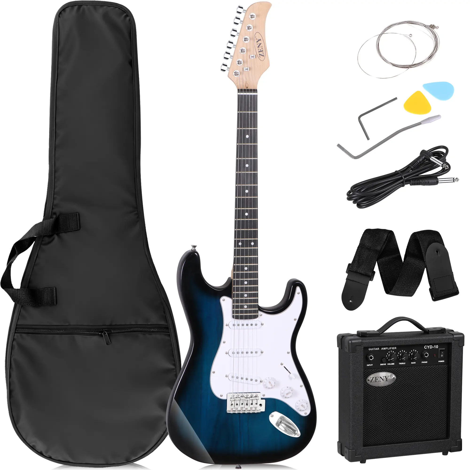 Zeny 39-in Full Size Right-Handed Blue Electric Guitar Beginner Kit - Single Coils, Cable, Guitar Headphone Amplifier & Complete Accessories Pack