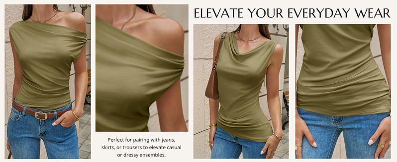 Cicy Bell Womens Cowl Neck Tank Tops 2026 Summer Off The Shoulder Asymmetrical Ruched Tops Going Out Sleeveless Shirts