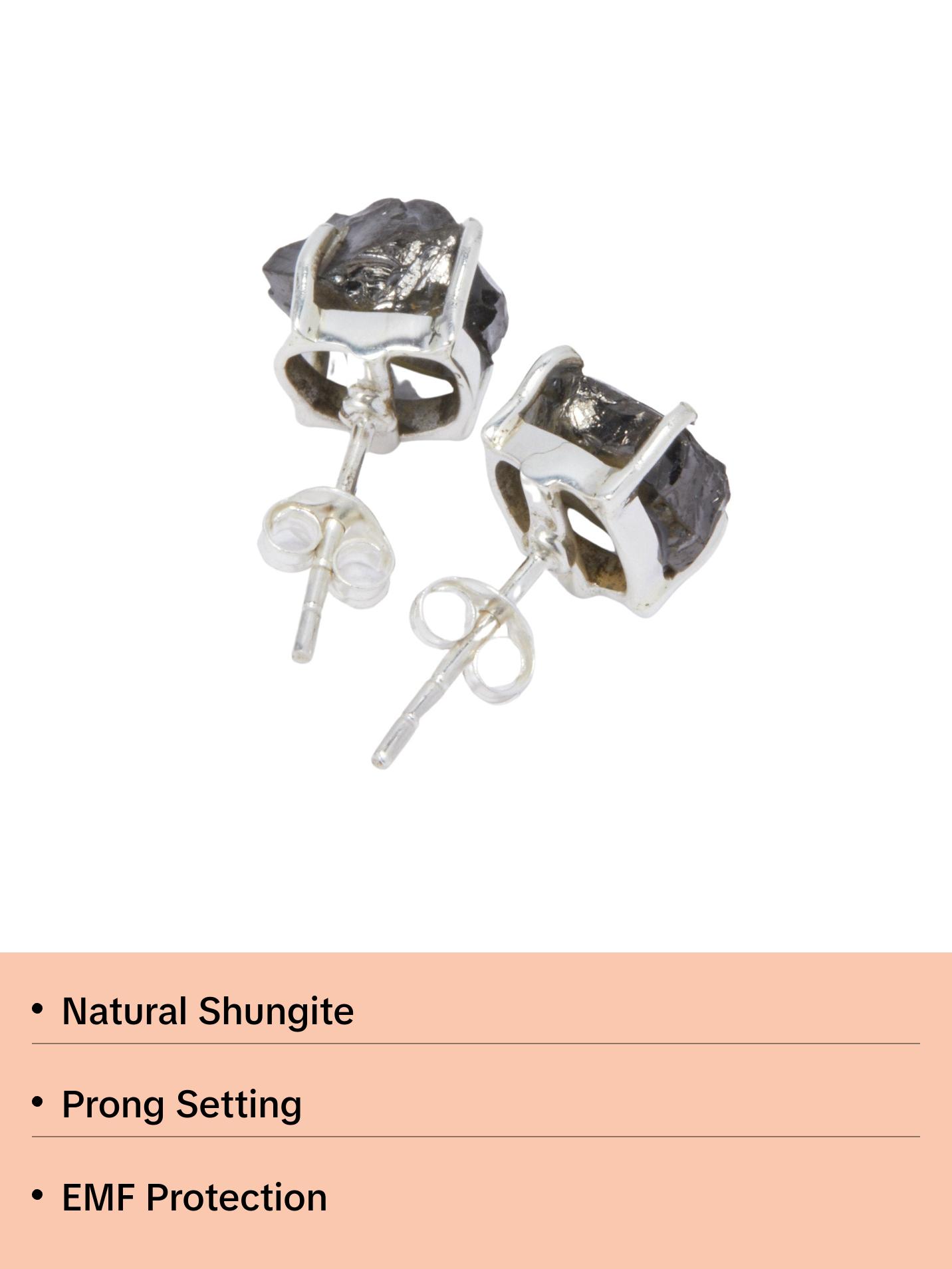 Shungite Raw Natural Earrings in Prong Stud Setting - Sterling Silver