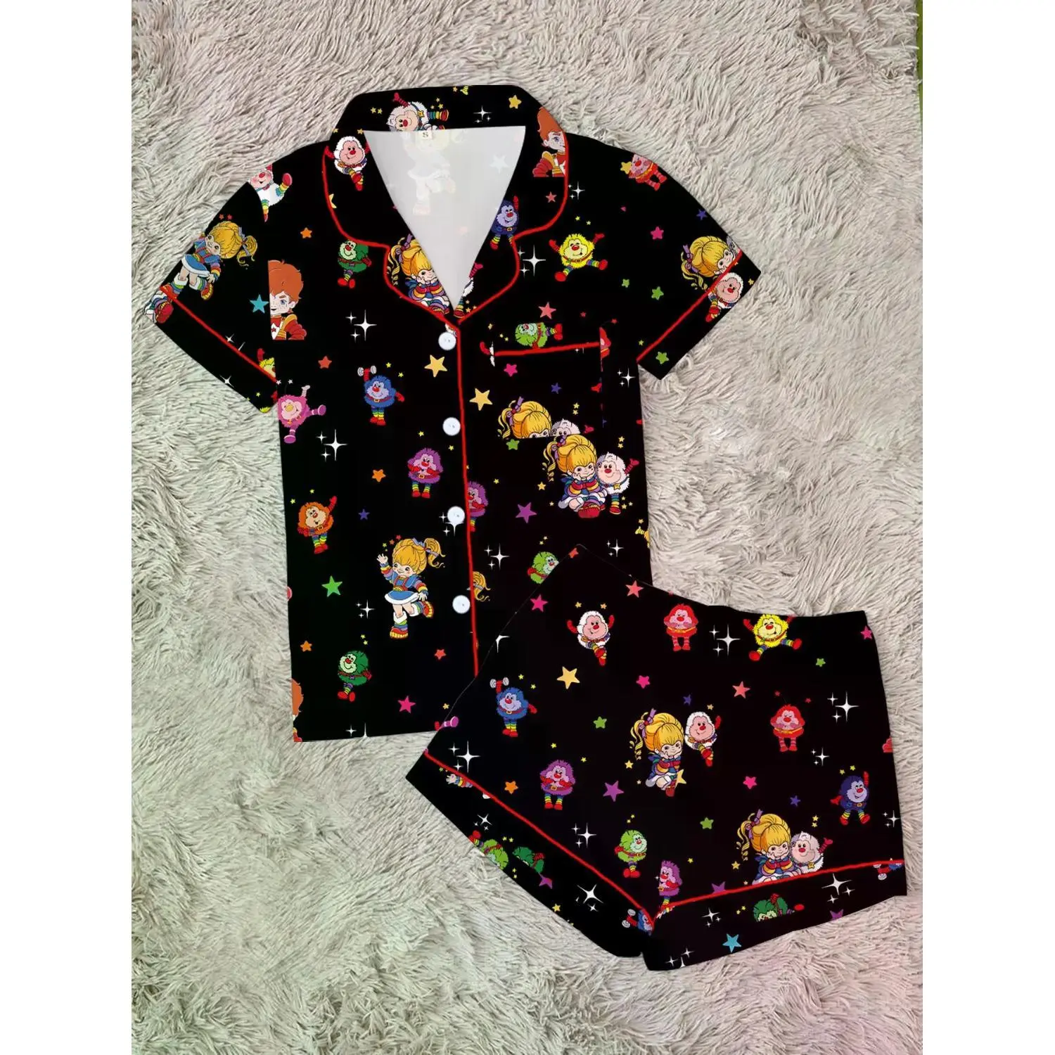 Women's Rainbow Girl Print Pajama Set, Comfortable Two-Piece Sleepwear, Short Sleeve Button-Up Top and Elastic Waist Shorts, Cozy Home Loungewear