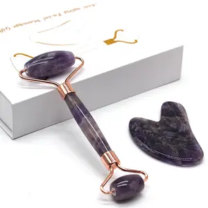 Cross-border Jadestone Amethyst Dog Tooth Massage Roller Double-headed Jade Roller Heart-shaped Amethyst Gua Sha Board Set