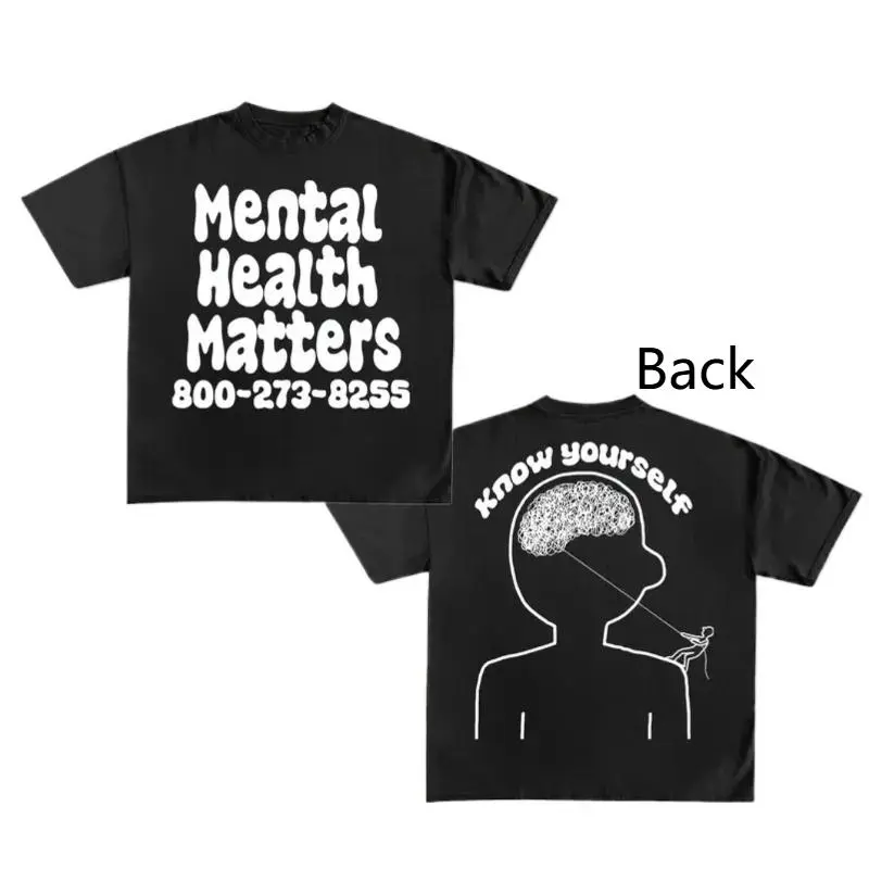 Men's Y2K Mental Health Matters Know Yourself Graphic Cotton T-shirt Boxy Fit Casual Streetwear Soft Comfortable Tee 100% Cotton Menswear - Clothes