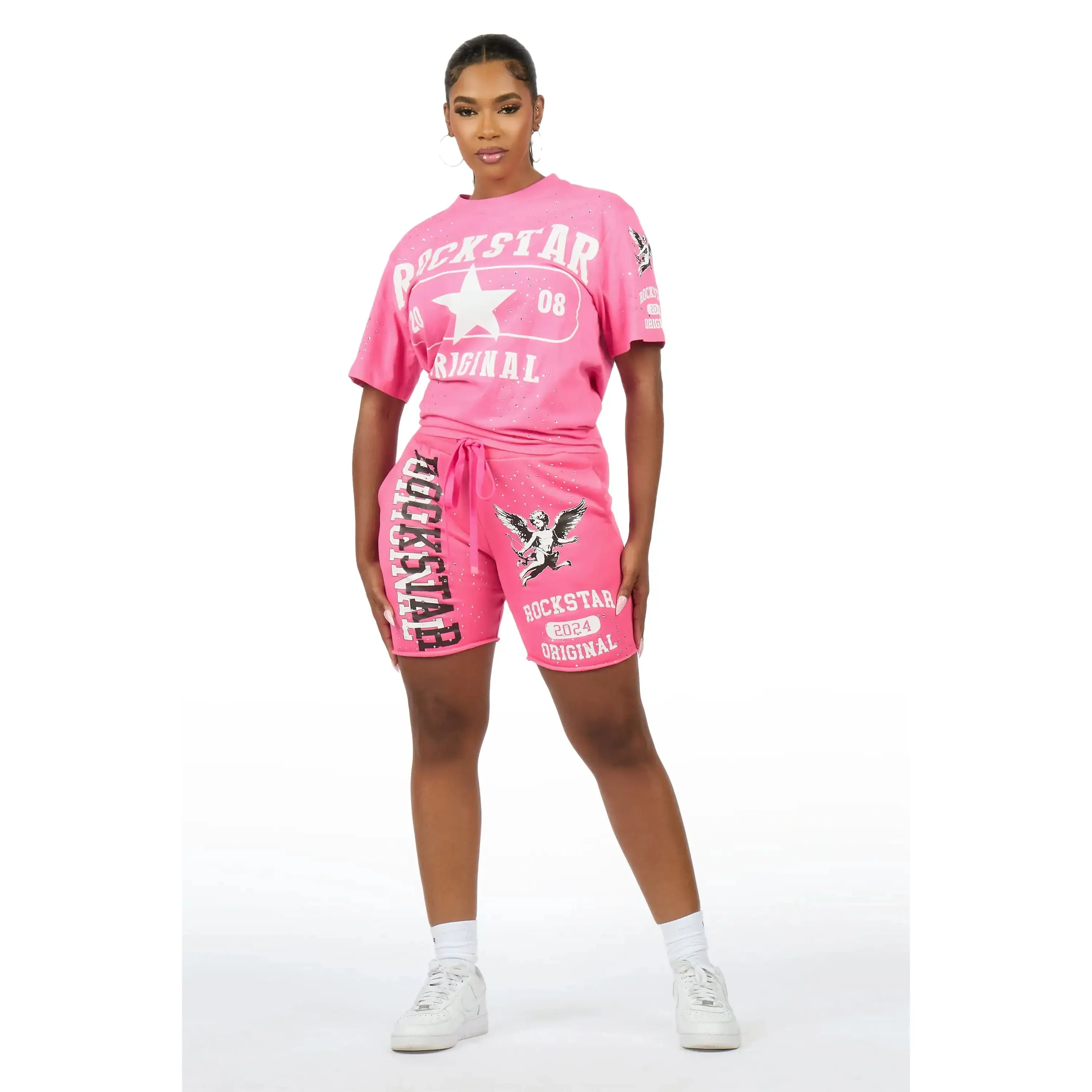 Kyesha Hot Pink Rhinestone T-Shirt Short Set