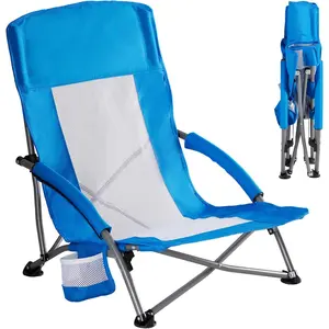 Lightweight Folding Camping Chair for Adults, Portable Low Beach Chair 6.9LBS with Cup Holder & Carry Bag, Mesh Back Compact Outdoor Chair Supports 250LBS for Camp, Picnic, Lawn, Sand