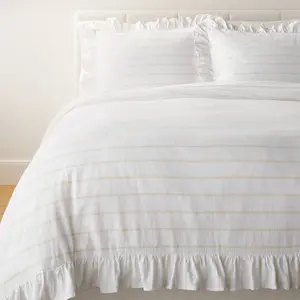 Full/Queen Yarn Dye Stripe with Ruffle Duvet Cover & Sham Set White/Khaki -