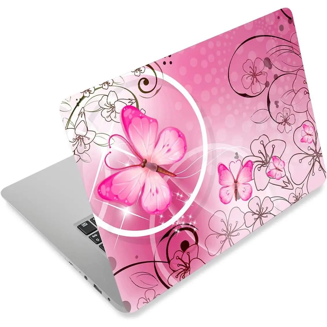 Pink Butterfly Synthetic Removable Laptop Stickers & Protective Cover Decal, 11.6-15.6 Inches Netbook Protector, Model FY-NEK-009, Surface Guard