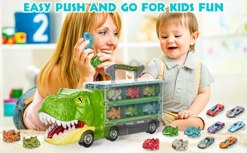 Durable Garage Multifunction Dinosaur/Princess/Unicorn Truck Toys for 2-7 Year Boys & Toddlers Foldable Track 2 Player Race Mode Light Sound Transport Carrier with 6 Dino Cars 12 Accessories Birthday Christmas Gift Idea for Kids Girls