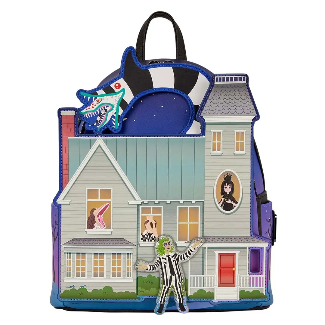 Loungefly Warner Bros Beetlejuice Deetz House Collectibles Faux Leather Mini Backpack for Adults - Casual Printed, Glow-in-the-Dark Details, Zip Closure, Spooky Season, Mini Backpack Purse, Casual Wear, Graphic Print, Glow-In-Dark, Hidden Rivets, Debossed