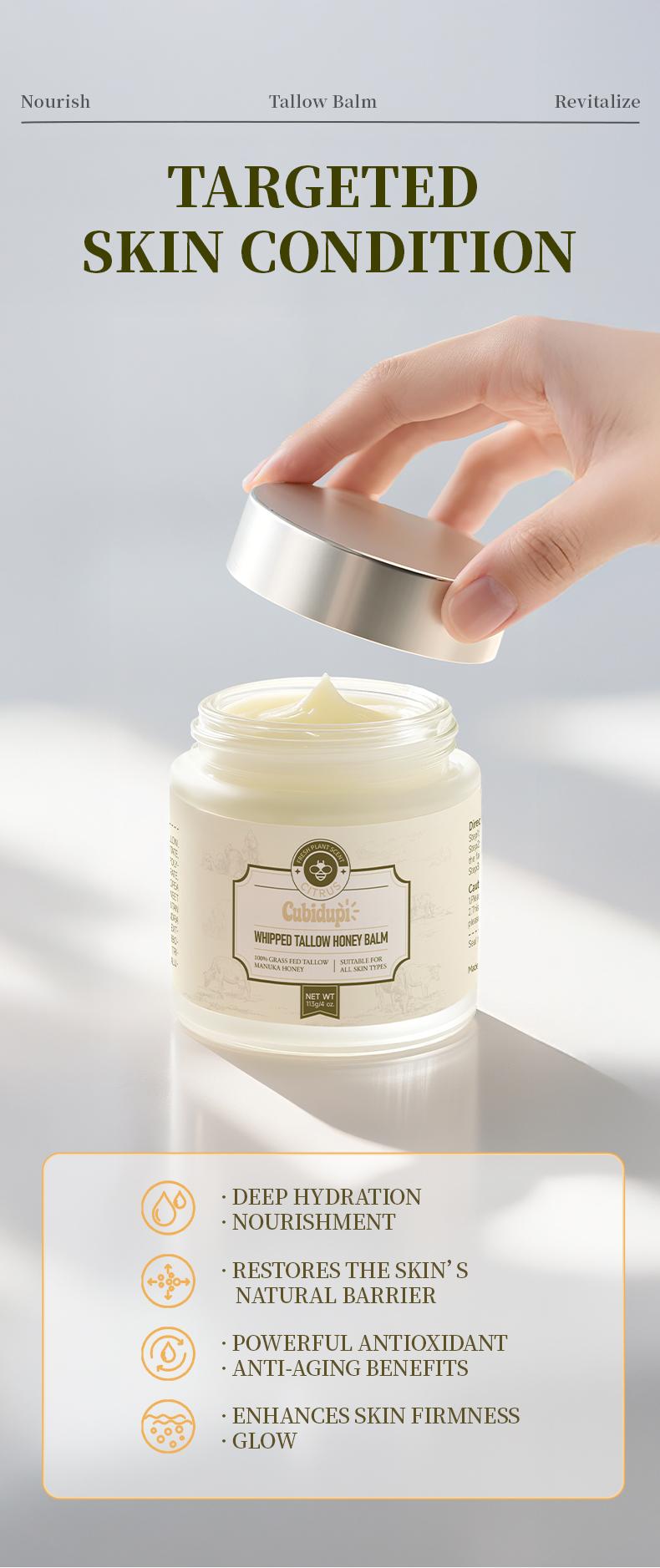 Organic Whipped Grass-Fed Beef Tallow Balm with Raw Manuka Honey – All-Natural Moisturizing Cream for Face, Body & Lips – Handmade Skin Care for Soft, Smooth & Nourished Skin – 4 Oz Jar