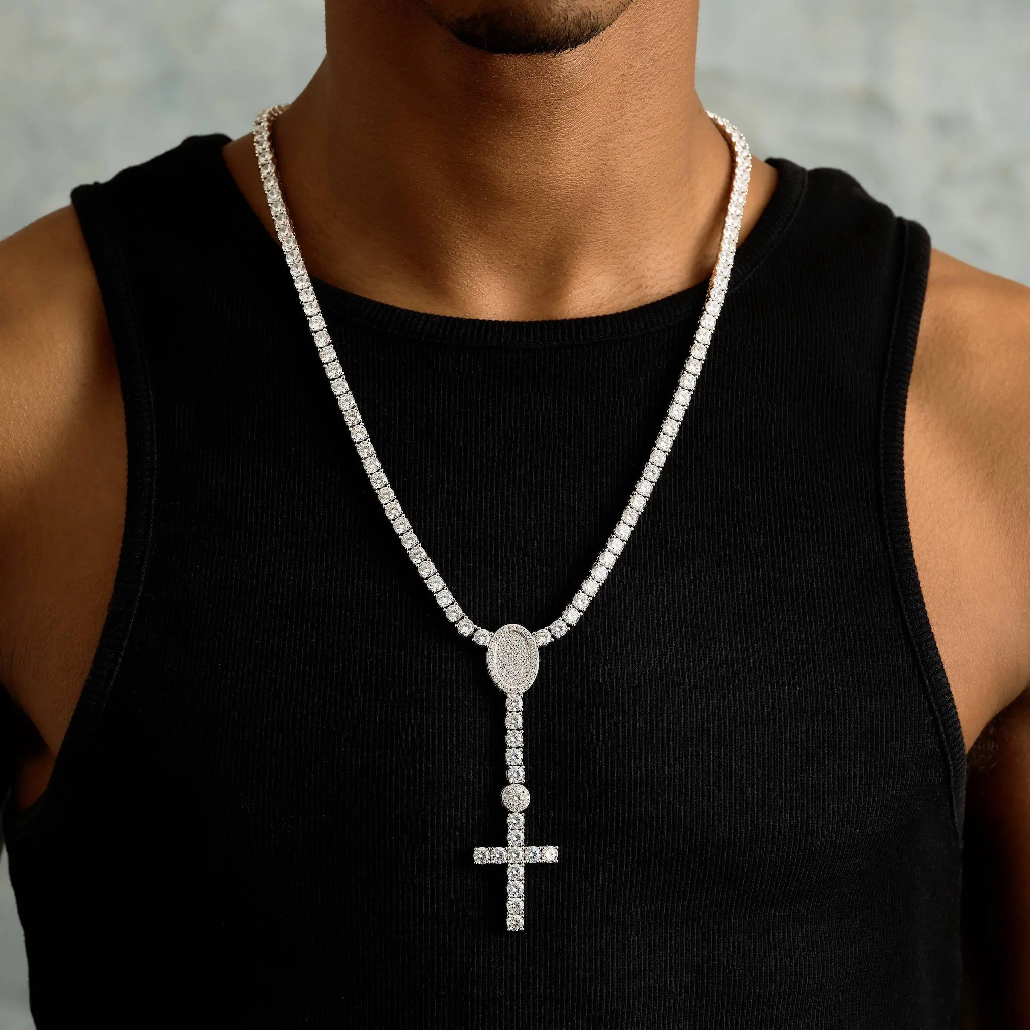 GLD 5MM Diamond Eternity Tennis Cross Rosary Lariat in White Gold - Perfect Gift