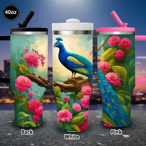 1 pc 40 oz Vibrant Peacock and Pink Blossoms Tumbler with lid and straw, winter insulated travel mug, gift for women and men, ideal for Valentine’s Day, Easter, birthday gifts, iced/hot coffee cup