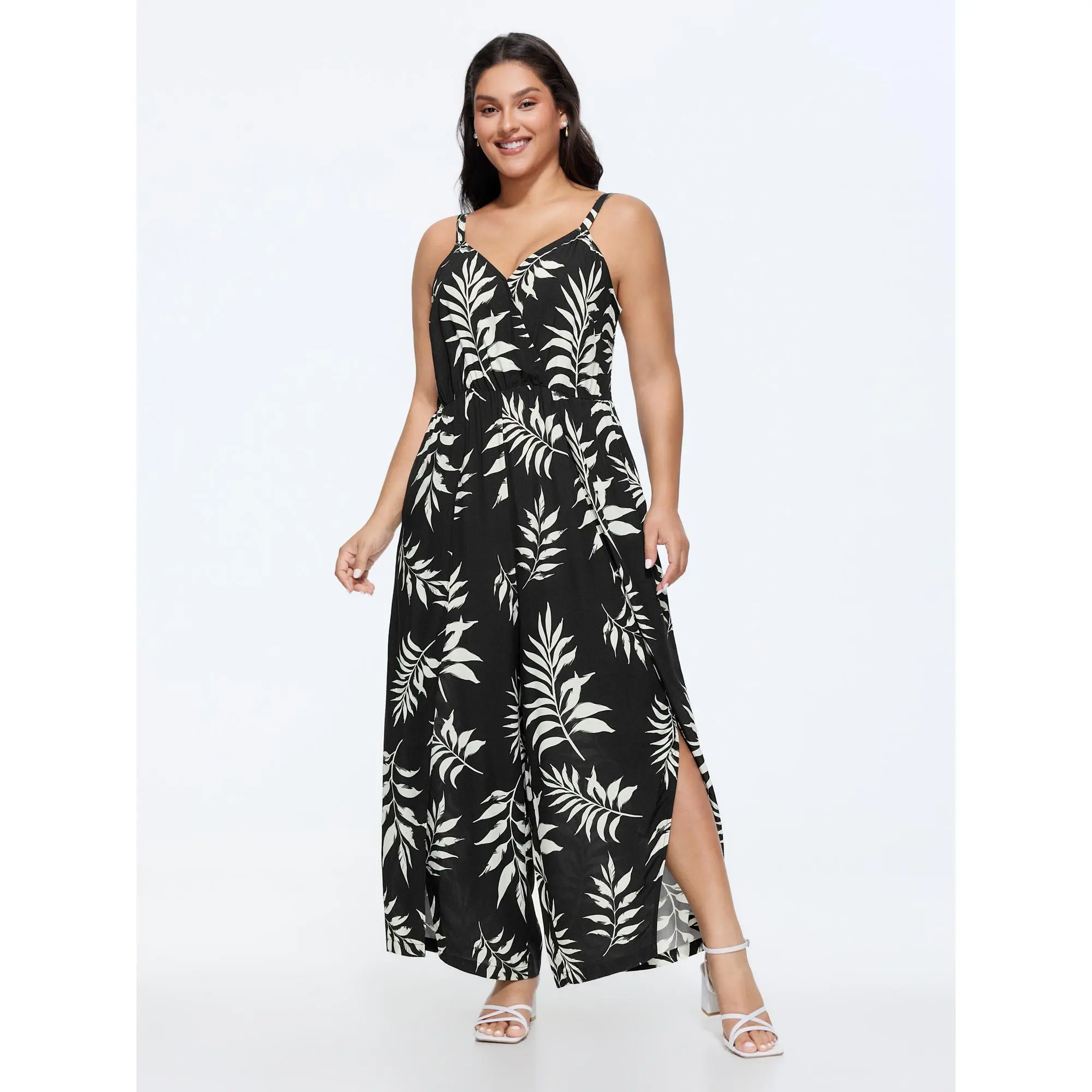 BLOOMCHIC Women's Plus Size Tropical Leaf Print Rayon Overalls - Wide Legs, Full Length, Side Slit, Shirred, Pocketed, Smooth Garment [M-6X] Summer Wear