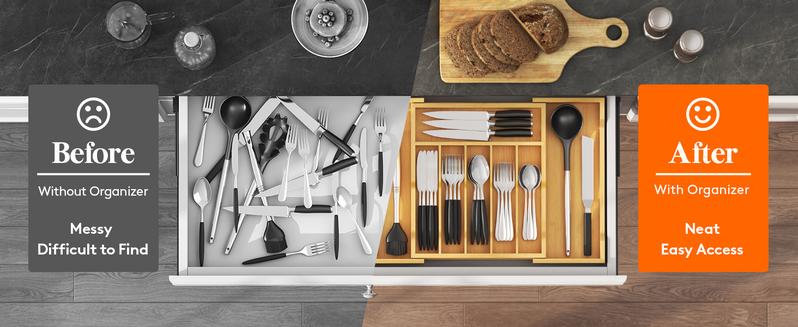 Lifewit Silverware Drawer Organizer, Expandable Utensil Tray for Kitchen, Bamboo Flatware & Cutlery Holder, Sturdy Wooden Design