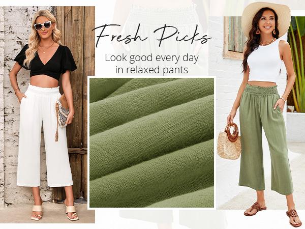 GRAPENT Texairon Linen Capri Pants for Women High Waisted Wide Leg Linen Palazzo Trousers Pull On Elastic Smock Waist Loose Flowy Pants SpringStatements GRAPENT Texairon Linen Capri Pants for Women High Waisted Wide Leg Linen Palazzo Trousers Pull On Elastic Smock Waist Loose Flowy Pants SpringStatements