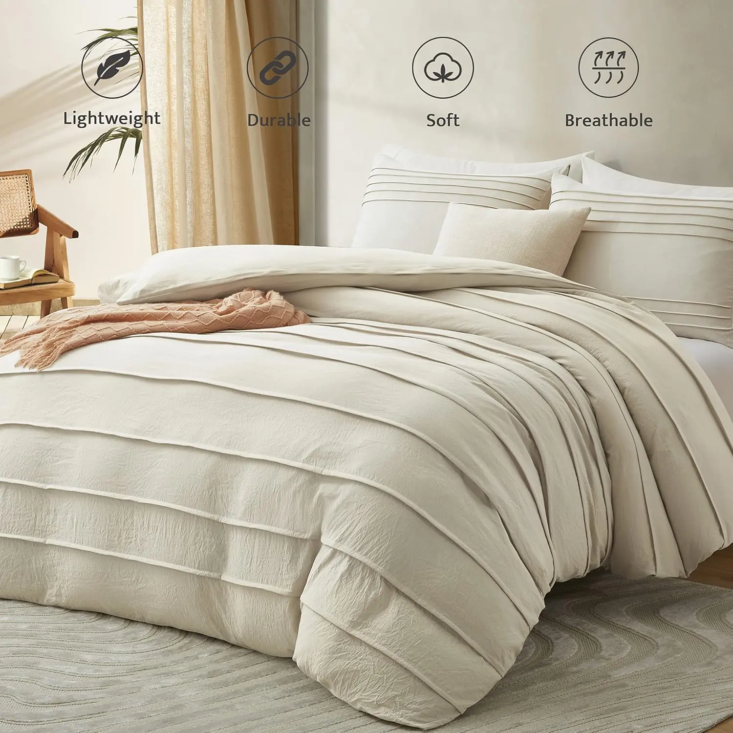 Beige Duvet Cover King Size - Pleated King Duvet Cover, 3PCS Soft and Breathable Textured Bedding Set with Zipper Closure (Beige, 104"x90")