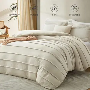 Beige Duvet Cover King Size - Pleated King Duvet Cover, 3PCS Soft and Breathable Textured Bedding Set with Zipper Closure (Beige, 104"x90")