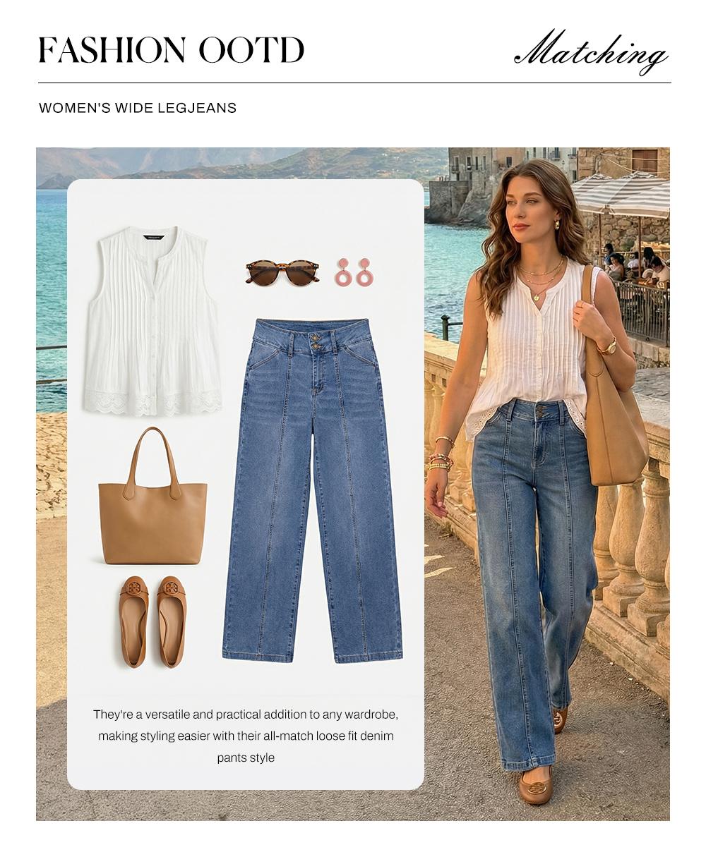 Sidefeel Women's Wide Leg Jeans High Waisted Stretchy Straight Leg Jeans Trendy Seamed Front Loose Denim Pants