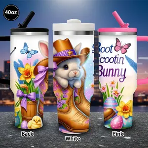 1 pc 40 oz Whimsical Easter Bunny in Cowboy Boots Tumbler with lid and straw, winter insulated travel mug, gift for women and men, ideal for Valentine’s Day, Easter, birthday gifts, iced/hot coffee cup