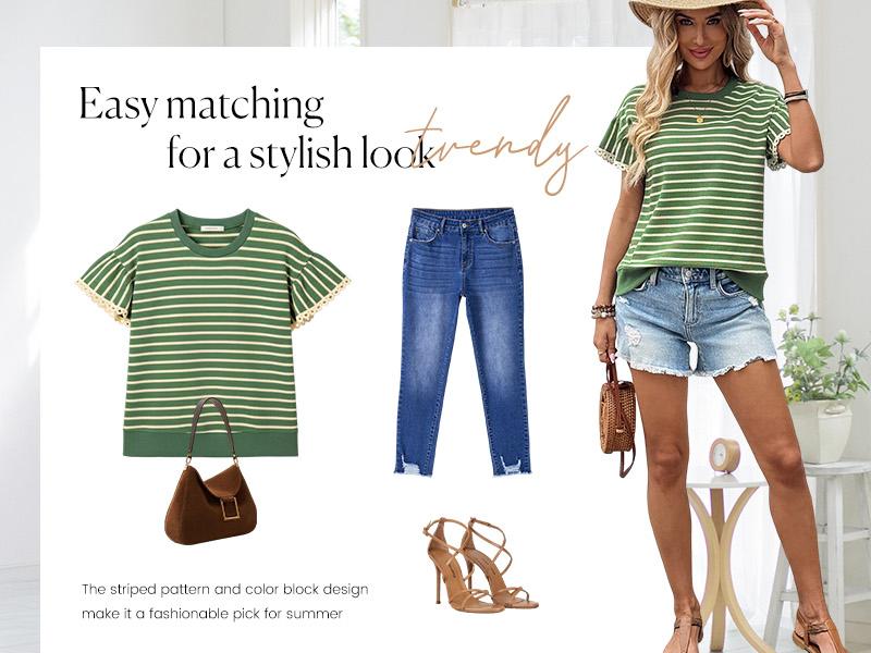 Shewin 2026 Spring/Summer Women's Casual Striped Ruffle Sleeve Top - Round Neck Loose Fit Cotton Ribbed Knit T-Shirt with Lace Trimmed Flounce Sleeves for Daily Wear SpringStatements